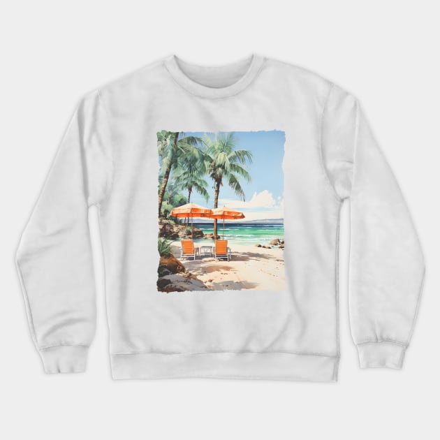 Palm Trees Tropical Beach Umbrella Seascape Crewneck Sweatshirt by Pine Hill Goods